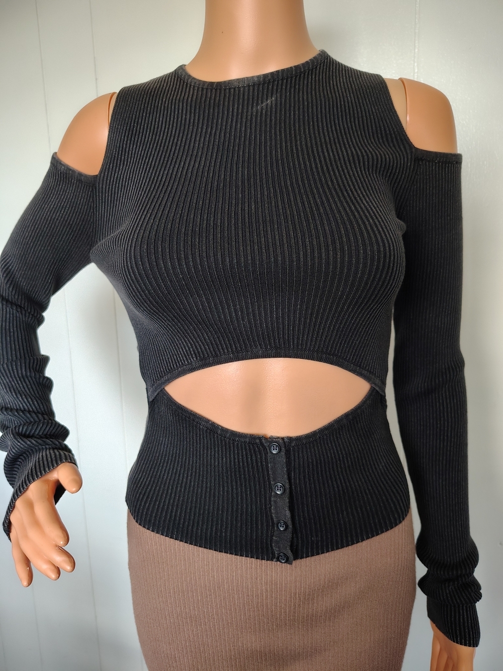 Zara Black Ribbed Off-Shoulder Cutout Blouse Size S